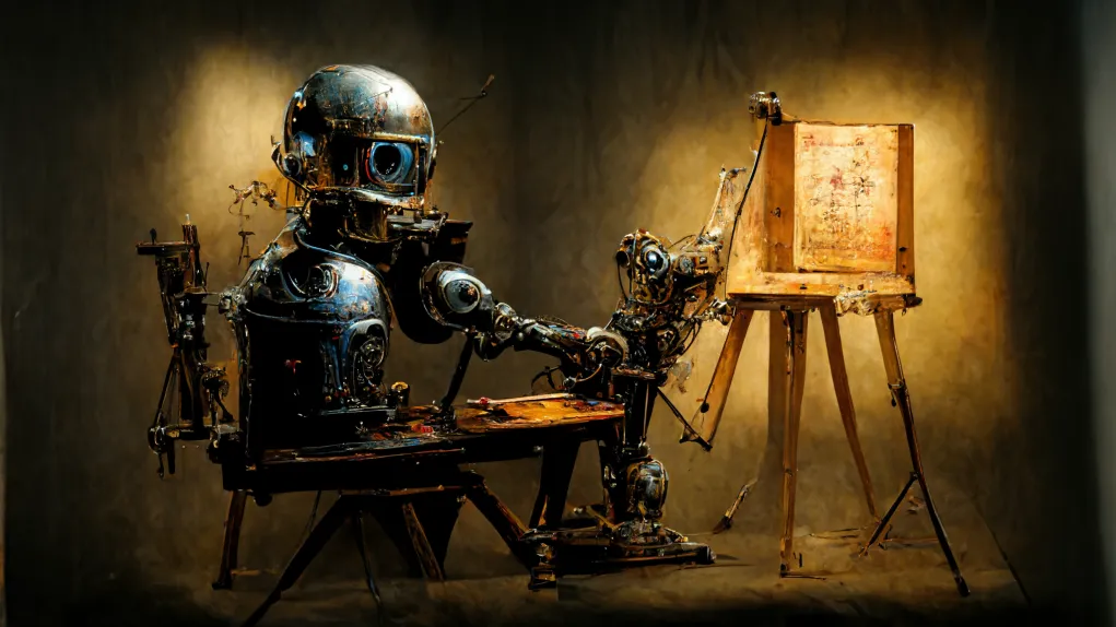 "Robot Painting at an Easel" (Prompt by Eric Griffith; Generated on Midjourney)