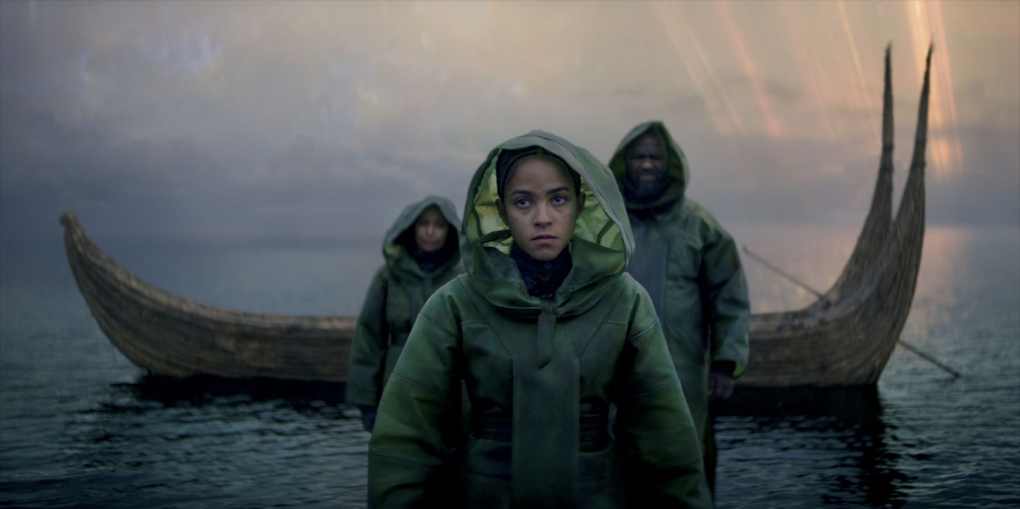 Girl stepping off a boat from the TV Series Foundation on Apple+